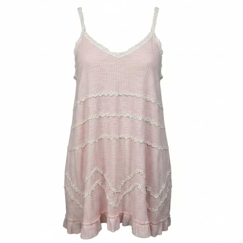 POL Cami Top Womens M Pink Ribbed Lace Trim Babydoll Boho Coquette